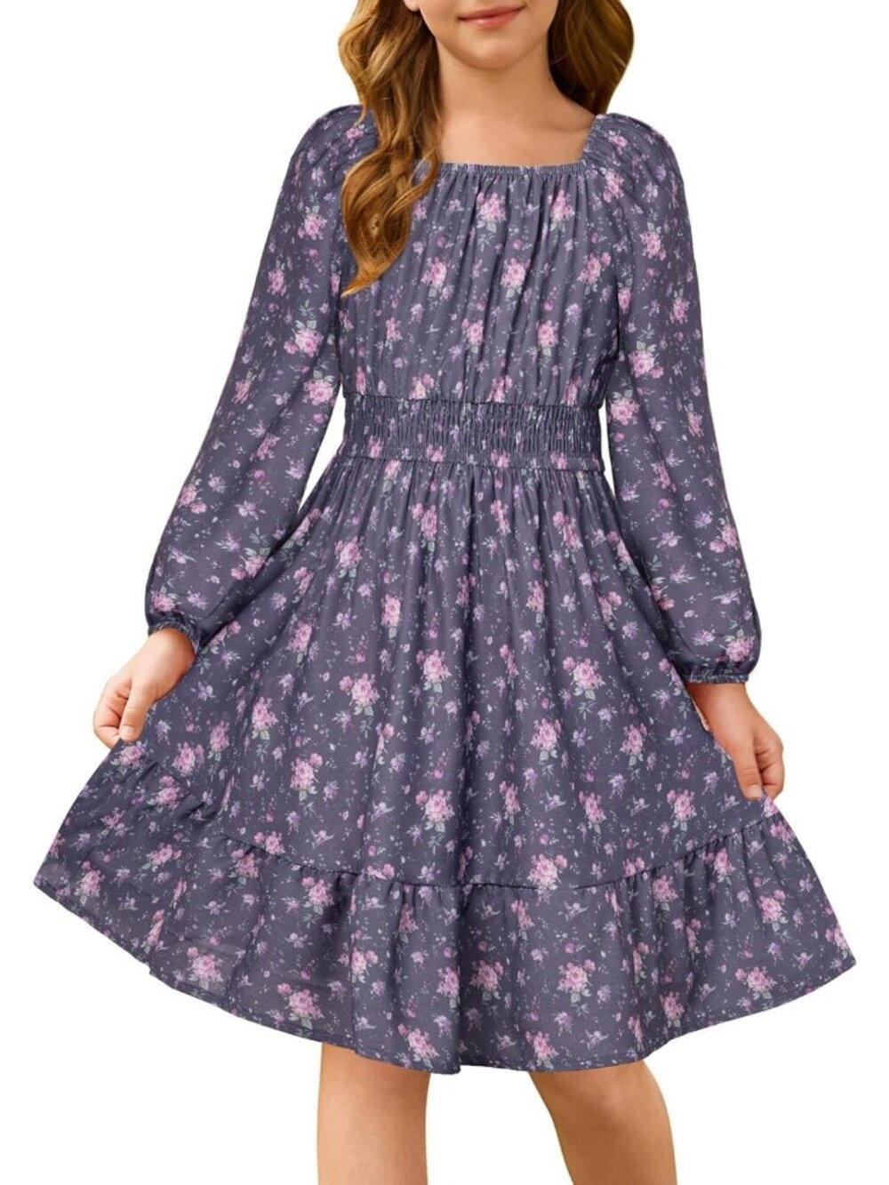 Floral Long Sleeve Midi Dress for Girls - Smocked Waist, Perfect for Fall